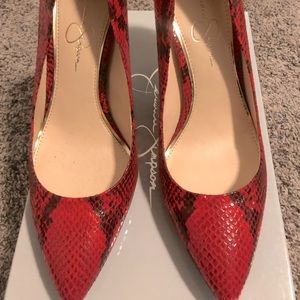 Red and Black python print heeled shoes